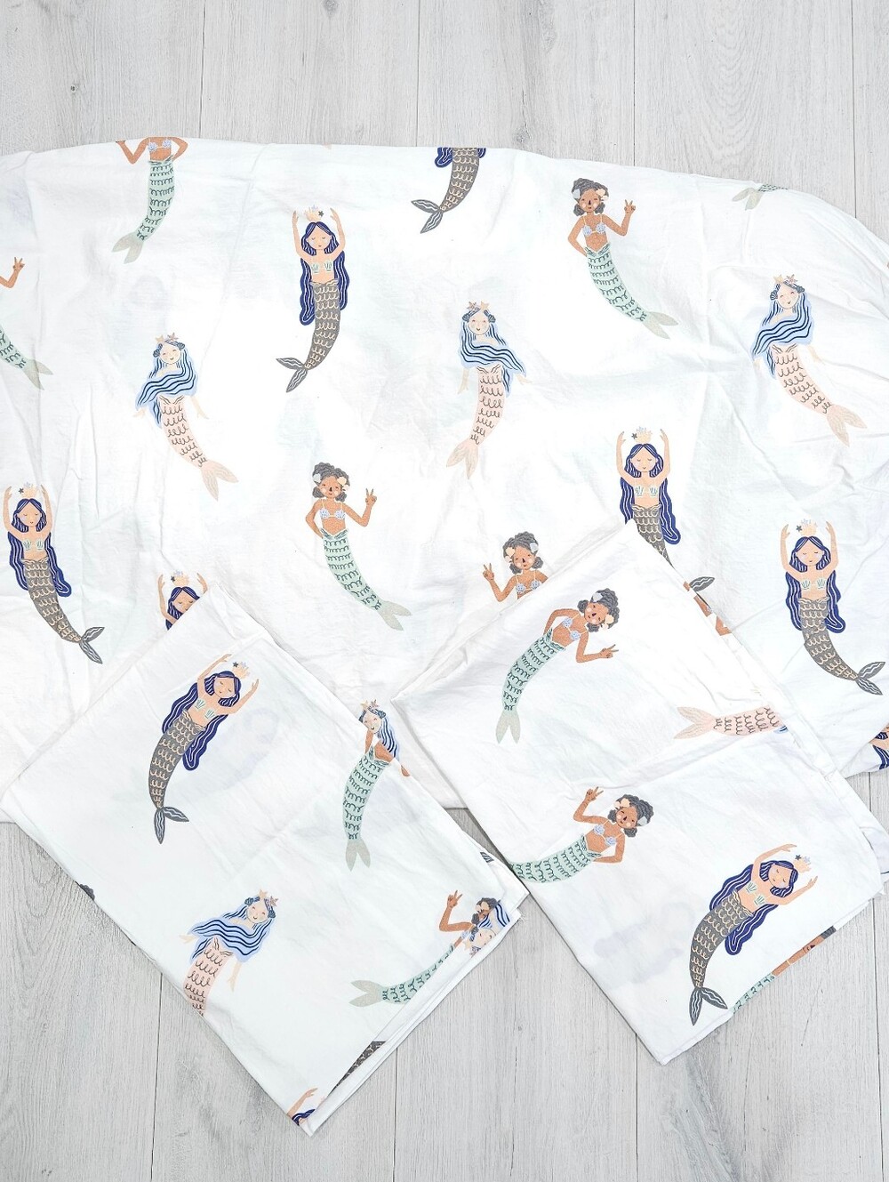 Crate & Kids Kaia Mermaid FULL Fitted Sheet & 2 STD Pillowcases Organic Cotton